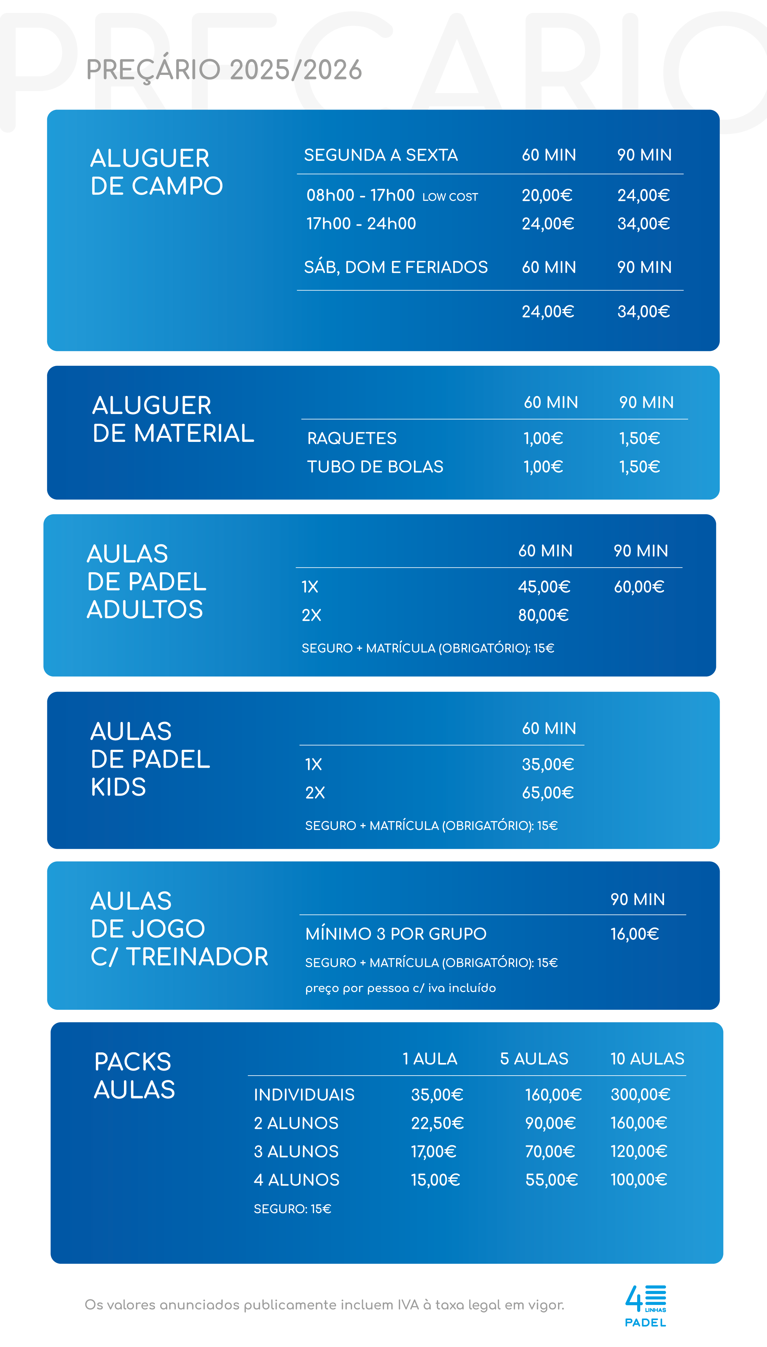 Preçario Padel